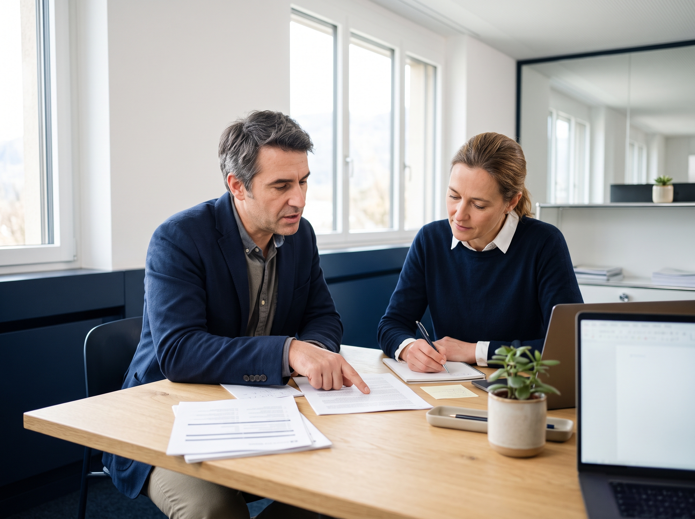 Revisione di una traduzione professionale secondo la norma ISO 17100: due traduttori verificano insieme un documento – Swiss Translations