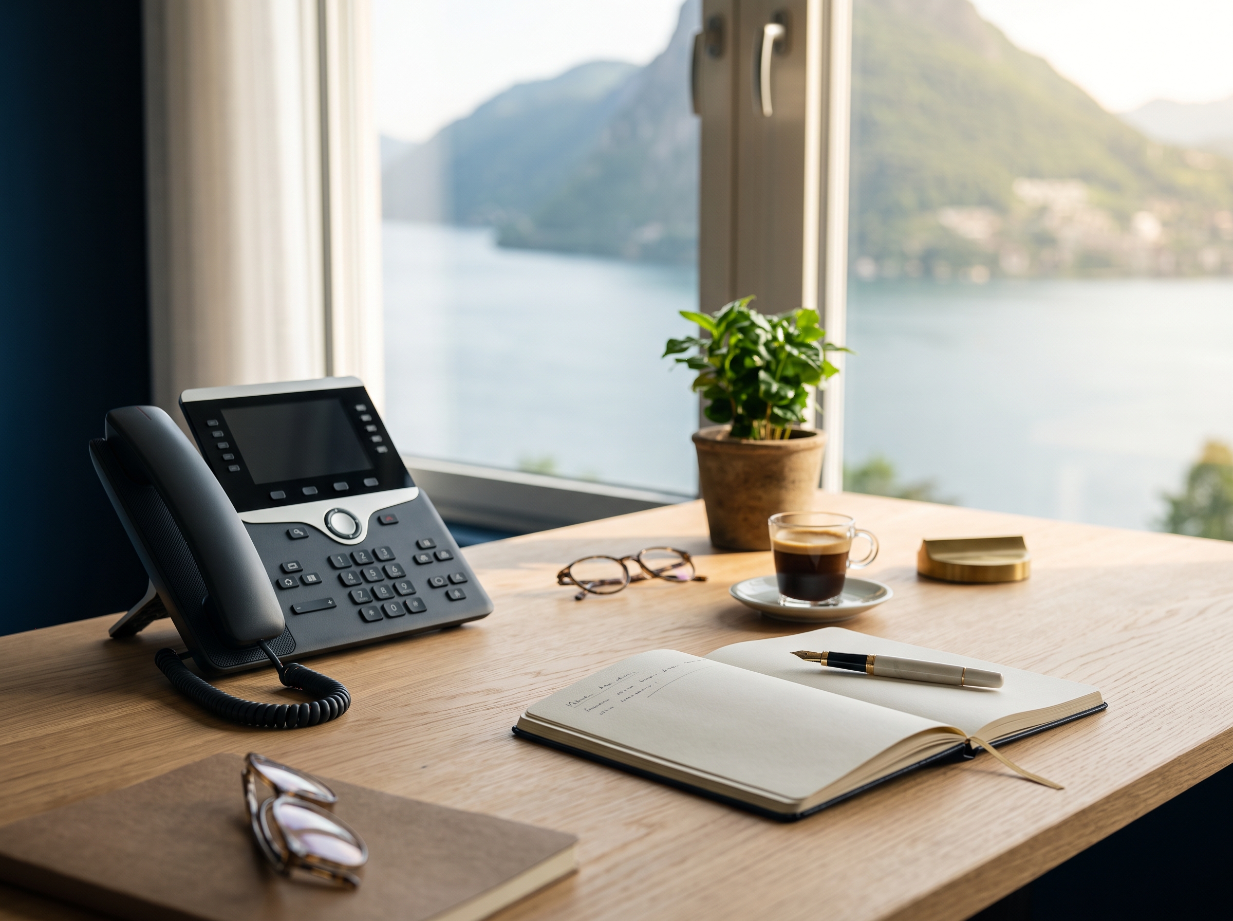Scrivania con telefono, agenda e penna davanti a una finestra sul lago: contattate Swiss Translations, agenzia di traduzioni a Chiasso, Ticino